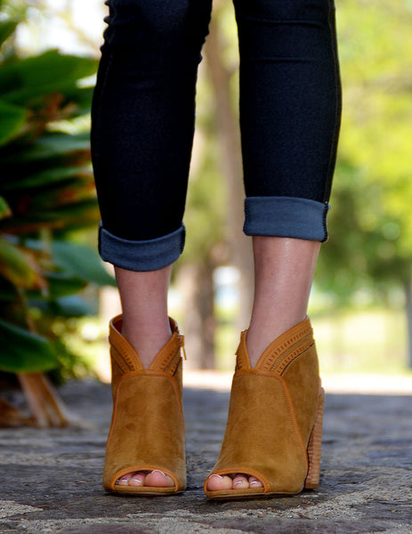 Women's Fashion Suede Peep Open Toe Booties-Camel