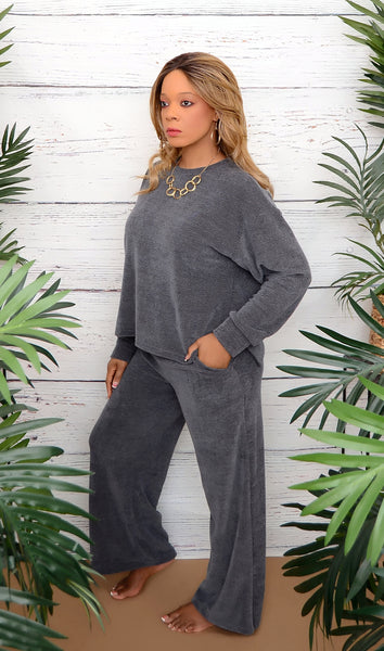 Women's Gray Wide Leg Two Piece Lounge Set
